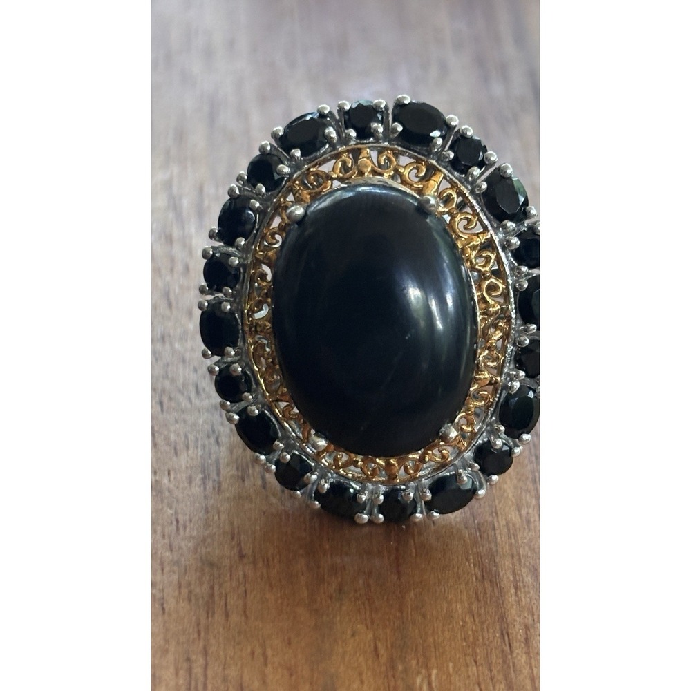 STS Sterling Silver 925 Statement Ring Black Onyx Faceted Stones Ornate Sz 9